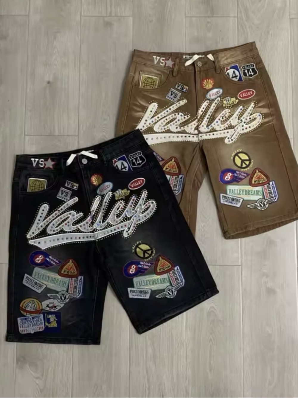 Marvel Valley Embellished Patchwork Jean Shorts in Black and Brown